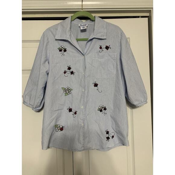 Vintage Blair Blue & White Striped Button Up W Embroidered Ladybugs & Flowers M - Picture 1 of 7